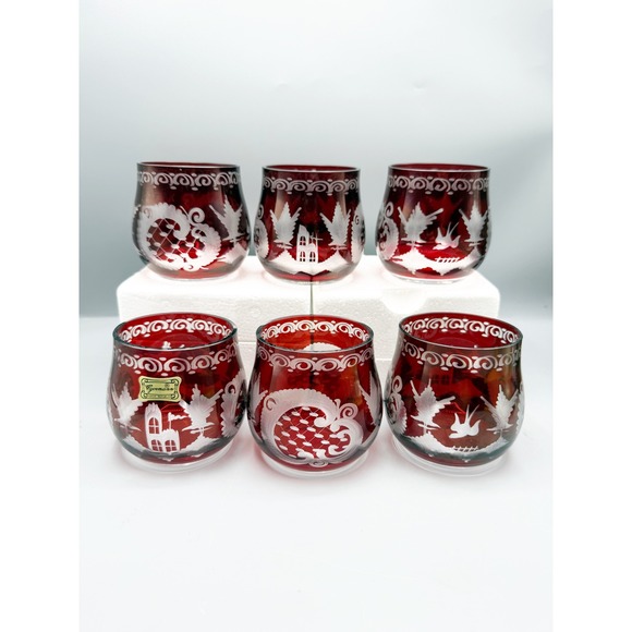 Egermann Bohemian Czech Set of 6 Crystal Red Etched Glass Rocks Glasses Ruby vtg